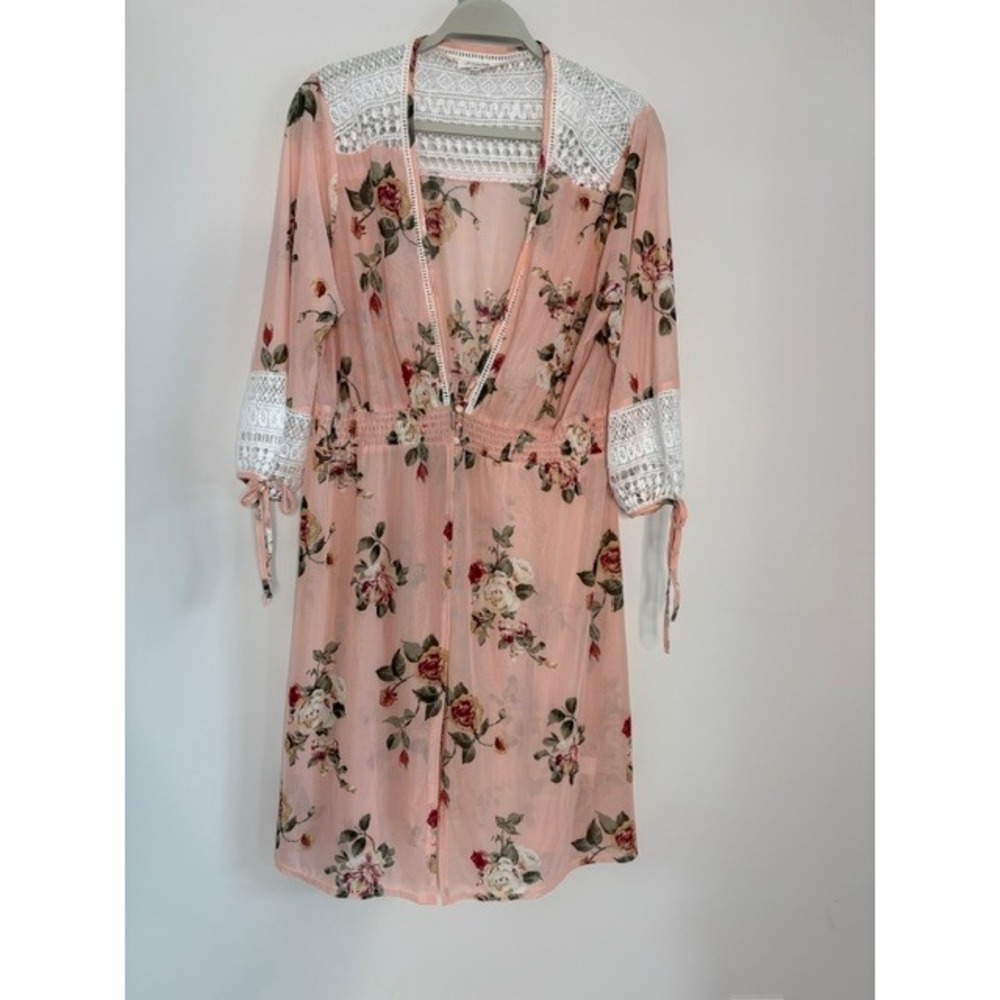 Siren‎ Lily Plus 1X Pink Floral Chiffon Kimono Cardigan Crochet Lace Trim Boho